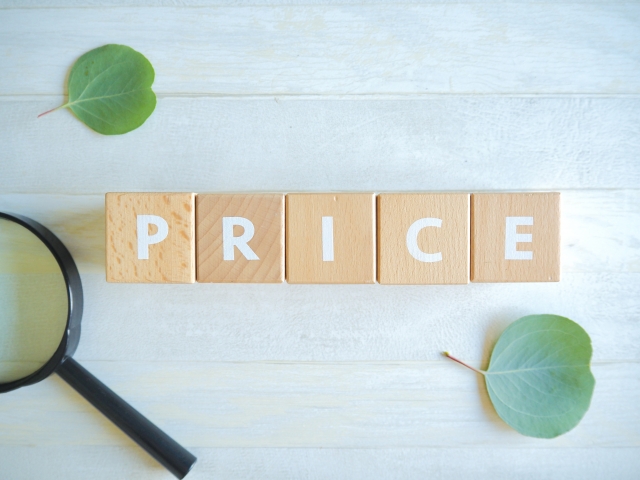木のブロックを並べて書いたPRICEの文字と虫眼鏡