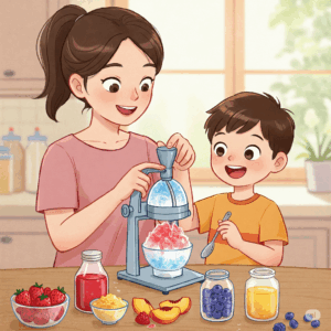 かき氷を作っている親子
