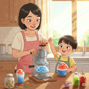かき氷を一緒に作っている親子